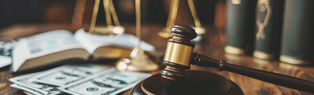 desk with gavel legal scale book and money