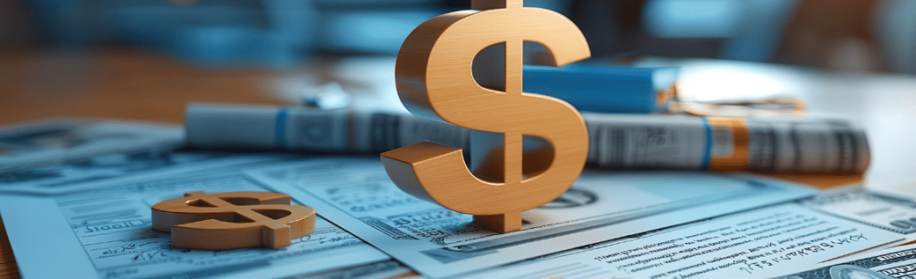 papers on table with gold money sign models