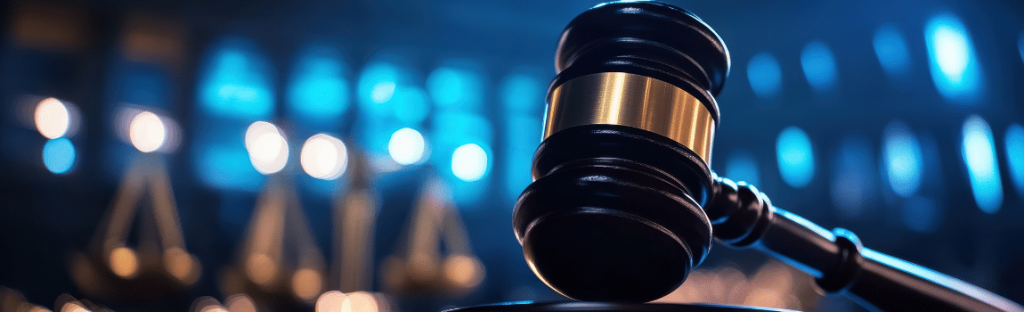 closeup of gavel with justice scale in back