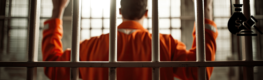 man in jail cell with arms up
