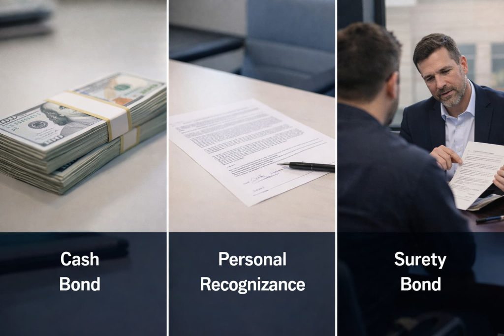 A visual breakdown of cash, personal recognizance, and surety bonds for residents needing local Colorado Springs bail help.