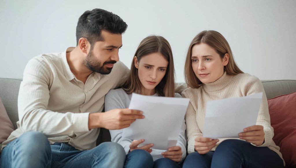 A group of three people sitting on a couch looking stressed while reviewing legal documents together as a family.