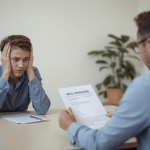 A distressed young man meeting with a professional holding a "Bail Process" document under the Dennis Blackwell Bail Bonds logo.