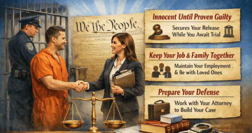 attorney shaking hands with client in jail with text explaining how bail bonds protect your rights