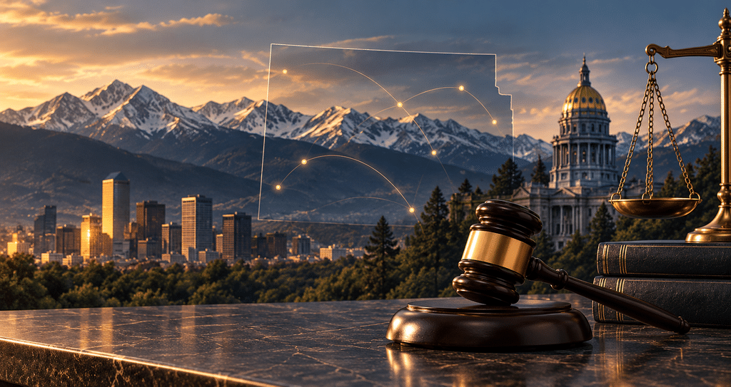 olorado background with gold location dots and justice scale