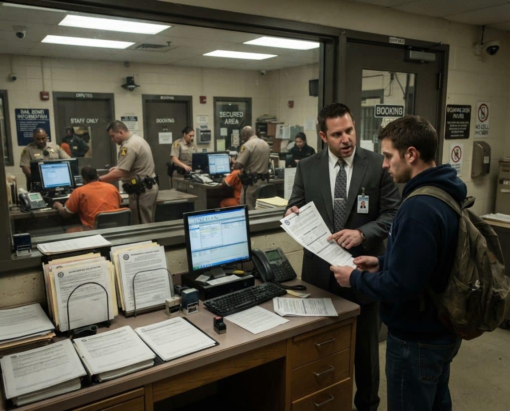 Jail booking desk where a misdemeanor bond is filed for release