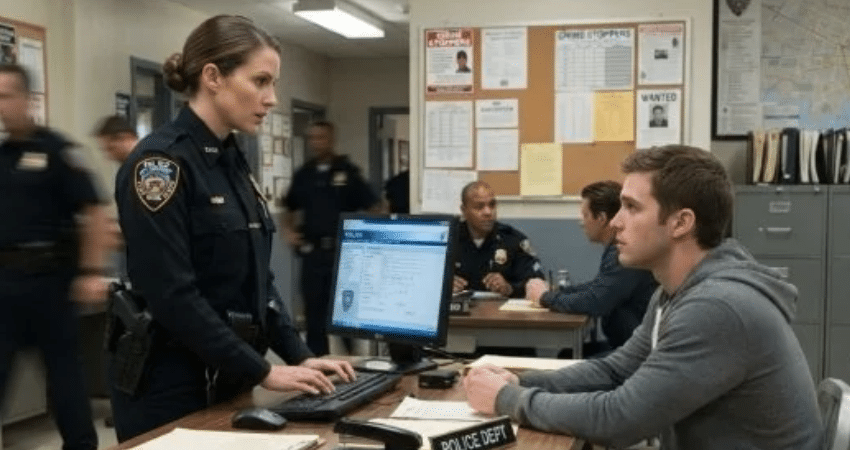 Officer booking an arrestee at a police station desk during the bail process