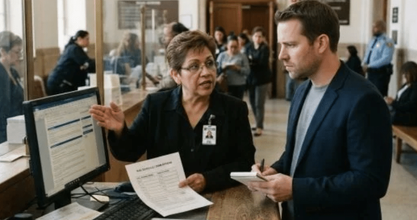 Clerk explaining the bail amount and bond options at a court counter